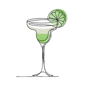 Puede incluir: Un dibujo de línea de un vaso de margarita con una rodaja de lima como guarnición. El vaso está lleno de un líquido verde.