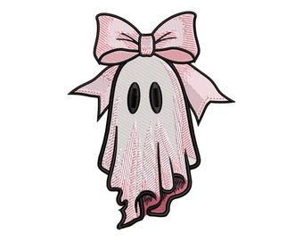Coquette Ghost Machine Embroidery Design | Pink Bow Halloween Pattern