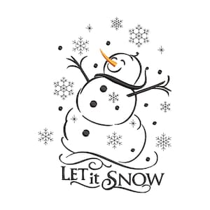 Pode incluir: Ilustração em preto e branco de um boneco de neve com o texto "LET it SNOW" abaixo. O boneco de neve está rodeado de flocos de neve.