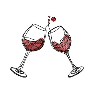 Könnte beinhalten: Zwei Weingläser stoßen an, wobei roter Wein aus der Oberseite jedes Glases spritzt.