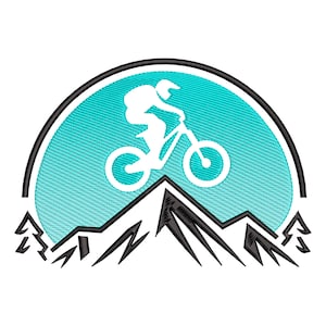 以下が含まれることがあります： 山脈の上を自転車に乗ったマウンテンバイクの白いシルエット。後ろにはターコイズブルーの円形があります。
