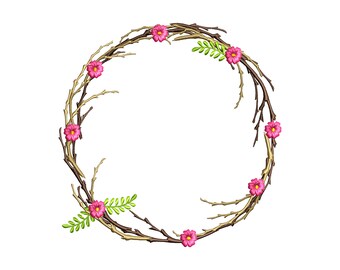 Floral Wreath Embroidery Design, Sakura Frame Machine Embroidery File, Wedding Monogram Pattern