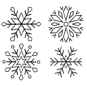 Könnte beinhalten: Vier schwarz-weiße Schneeflocken-Illustrationen. Jede Schneeflocke hat ein einzigartiges Design mit verschiedenen Formen und Mustern.