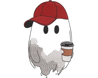 Ghost with Coffee Embroidery Design, Halloween Ghost Machine Embroidery File, Instant Download