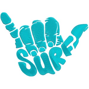 Puede incluir: Un diseño bordado en azul de una mano haciendo el signo shaka con la palabra "SURF" incorporada en los dedos.