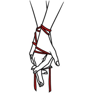 以下が含まれることがあります： 2つの手が赤い紐で結ばれています。手は絡み合っており、紐は手首と指に巻き付けられています。