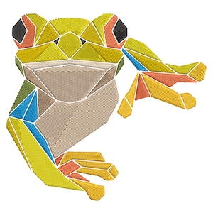 May include: A geometric design of a frog with a yellow, green, blue, orange, and red color scheme. The frog is in a sitting position with its legs folded under its body.