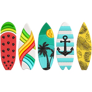 May include: Five colorful surfboard designs with various patterns, including watermelon, rainbow, palm trees, anchor, and tropical leaves.