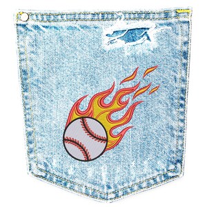 May include: Light blue denim pocket featuring a baseball design. The baseball is embroidered with red stitching and surrounded by yellow and red flames. The pocket has a distressed appearance with a small tear.