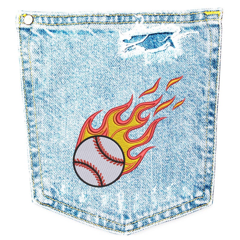 May include: Light blue denim pocket featuring a baseball design. The baseball is embroidered with red stitching and surrounded by yellow and red flames. The pocket has a distressed appearance with a small tear.