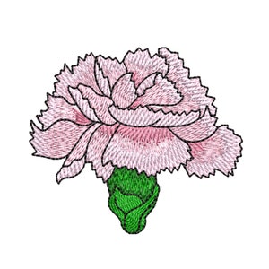 Puede incluir: Un clavel rosa con tallo y hojas verdes. La flor está bordada con un diseño detallado.