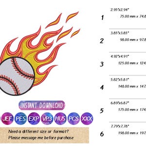 May include: An embroidered baseball design with red stitching, surrounded by flames. The design includes the text "INSTANT DOWNLOAD" and size options ranging from 75mm x 74.87mm to 198mm x 197.66mm.