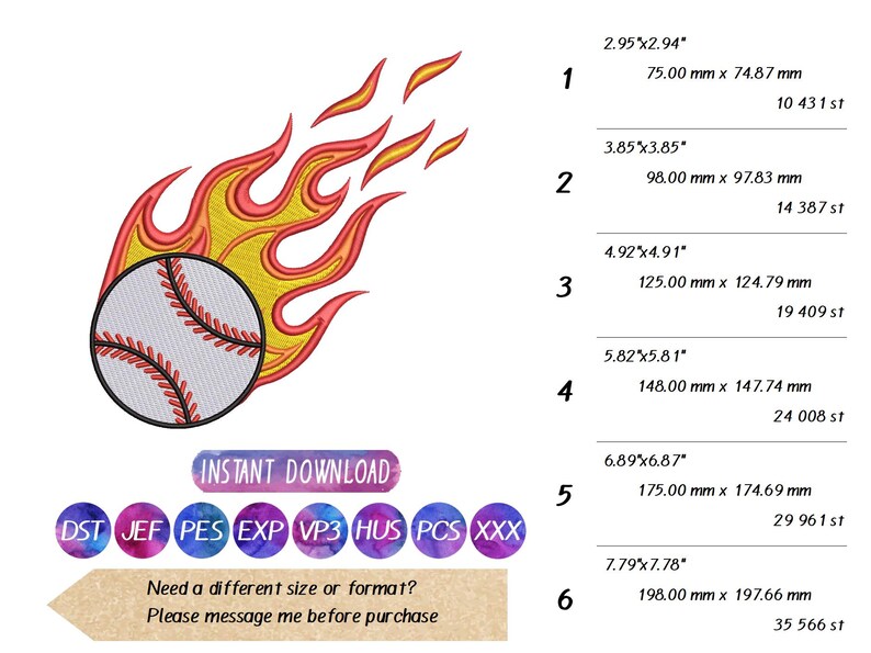 May include: An embroidered baseball design with red stitching, surrounded by flames. The design includes the text "INSTANT DOWNLOAD" and size options ranging from 75mm x 74.87mm to 198mm x 197.66mm.