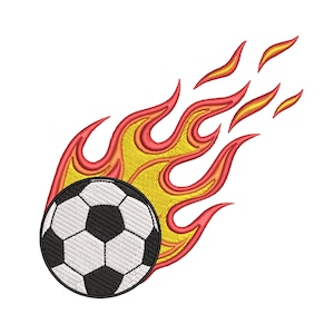 Puede incluir: Un balón de fútbol blanco y negro con llamas rojas y amarillas detrás.