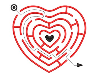 Heart Maze Machine Embroidery Design, Valentine Day Puzzle Pattern (PES)