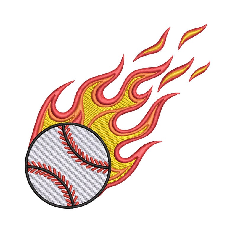 May include: Embroidered baseball with red stitching and a black outline, set against a backdrop of stylized flames in shades of yellow, orange, and red. The design is likely for apparel or sports-themed crafts.