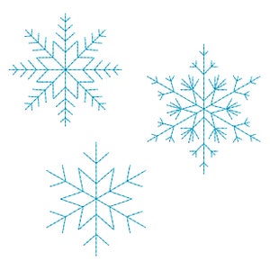 May include: Three blue snowflake designs, each with a different level of detail. The snowflakes are outlined in a thin blue line and are isolated on a white background.