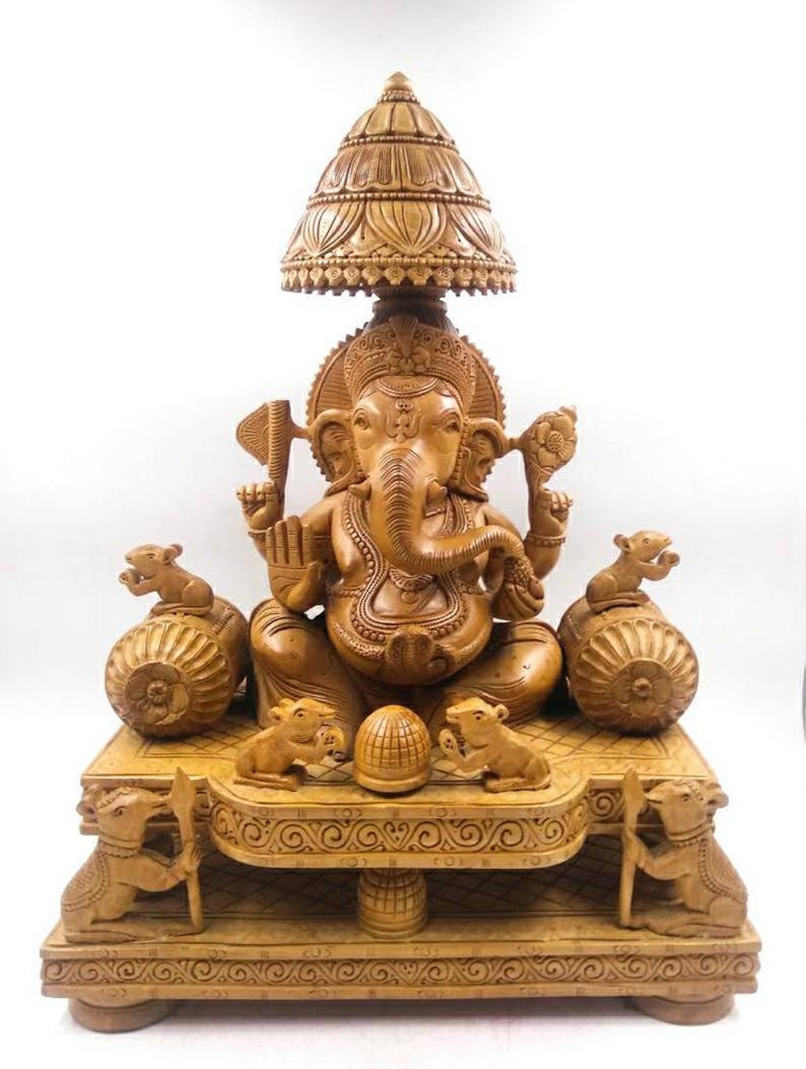 Vintage Wooden Ganesh Statue Hand Carved Sitting on Mouse Etsy