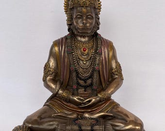 Meditating Hanuman Statue, 8" Antique Bronze Finish Polyresin Idol for Home Temple Spiritual Decor