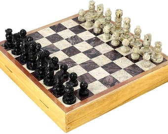 USA!!! 6" Chess Set Soap Stone Pieces wooden and Stone Box.Velvet liner storage 