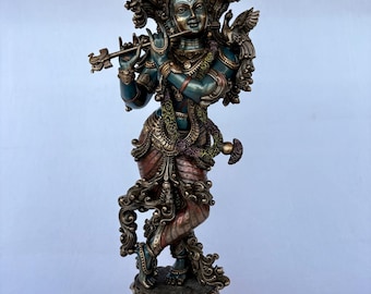 Krishna Playing Flute Large Statue 29 Inch Antique Bronze Finish Hindu God Idol for Home Temple Decor Radha Krishna Murti Spiritual Gift