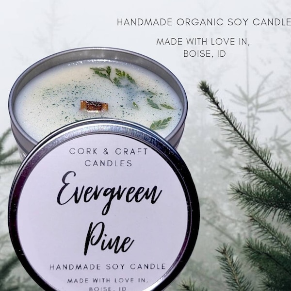 Evergreen Pine, Handmade Organic Soy Candle, Crackling Wooden Candle, Pine Tree Scented Aroma,  Forest Candle, Pine Candle, Evergreen Candle