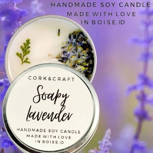 Handmade Lavender Soy Candle: Soapy Herbal Scent, Dried Buds
