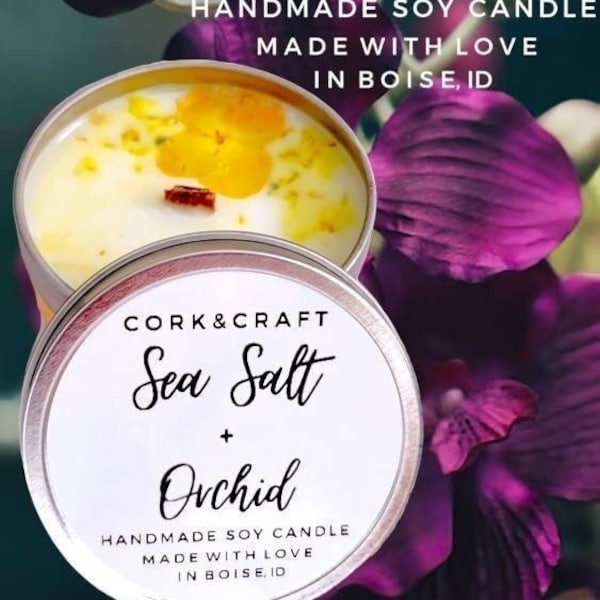Sea Salt and Orchid Candle, Orchid Aroma, Beach Scented Candle, Oceanic Candle, Floral Candle, Flower Candles, Wooden Wick Candle Handmade