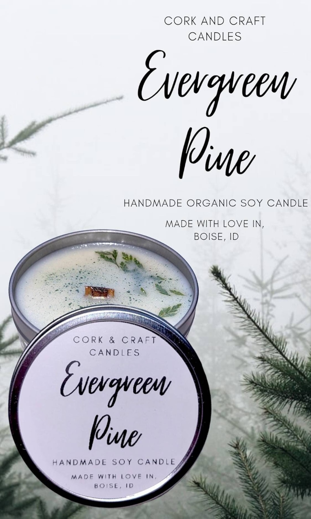 Evergreen Pine, Handmade Organic Soy Candle, Crackling Wooden Candle, Pine Tree Scented Aroma