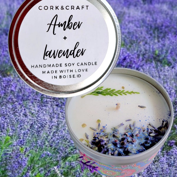 Dark Lavender and Amber Candle,Soy Candles Handmade, Lavender Candle, Organic Lavender Candle, Amber Candle, Wood Wick Candle Lavender