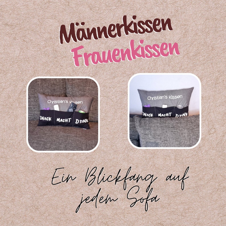 Männerkissen mit Taschen Frauenkissen personalisierbar Geschenkidee Sofakissen Chefplatzkissen Bild 6