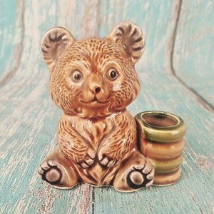Vintage Porcelain Teddy Bear Pen Stand: Collectible Desk Decor, Made in Japan
