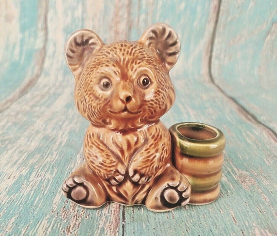 Vintage Porcelain Teddy Bear Pen Stand, Figurine Made in Japan, Adorable Desk Decor, Collectible Bear Figurine, Retro Office Gift