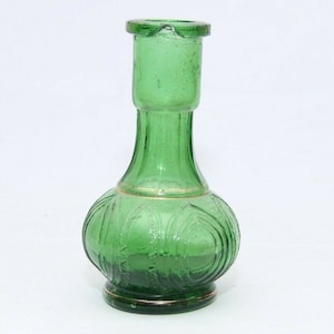 Vintage Green Glass Vase: Floral Inlay, Gold Band, Handcrafted Indian Decor