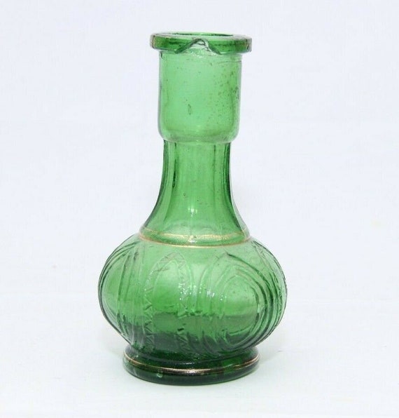 Vintage Green Glass Bottle– Floral Inlay Work and Gold Band Vase, Handcrafted Indian Decor, Unique Decorative Piece for Elegant Home Accents