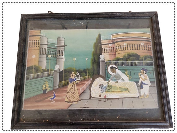 Painting of Hindu God Krishna Shrinath Ji Framed Art, Rare Vintage Hand Crafted Indian Wall Decor & Unique Religious Artwork Collectible