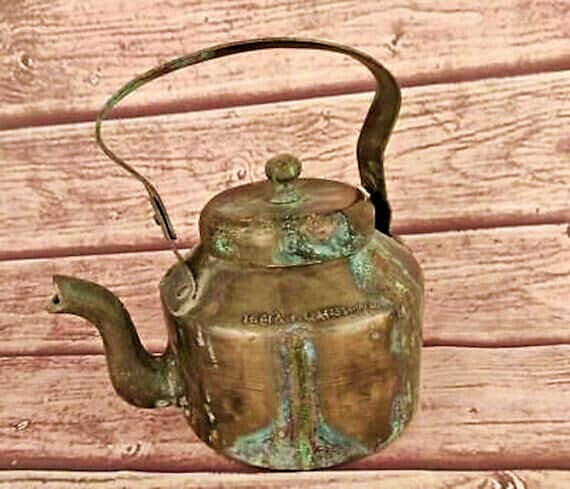 Antique 1850s Asian Handmade Brass Tea Kettle– Old Vintage Indian Collectible Brassware | Decorative Art Pot | Unique Timeless Kitchen Decor