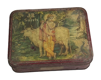 Vintage J.B. Sweets Tin Box Indian Advertising Krishna Cow Lithograph Retro Confectionery Collectible