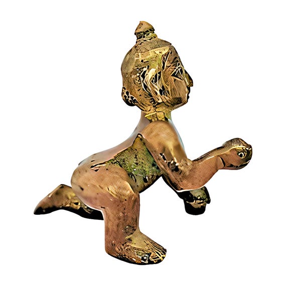 Antique Brass Krishna Statue | Vintage Hindu God Baby Laddu Gopal Figurine for Home Decor & Collectibles, Handcrafted Brass Idol