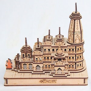 Prachtig met de hand gesneden houten rammandir-model, 3D Ayodhya-tempeldecor, spiritueel ambachtelijk vakmanschap, perfect voor spirituele weergave thuis