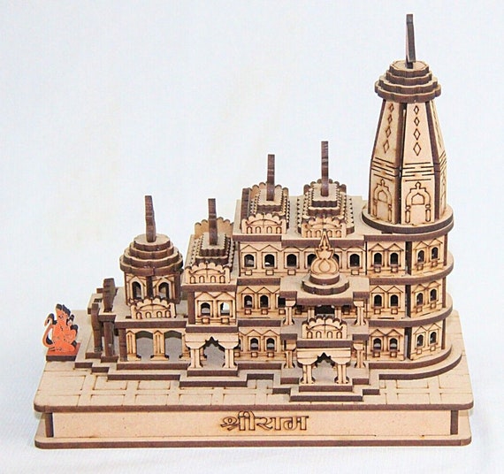 Exquisite Hand-Carved Wooden Ram Mandir Model, 3D Ayodhya Temple Decor, Spiritual Artisan Craftsmanship, Perfect for Home Spiritual Display