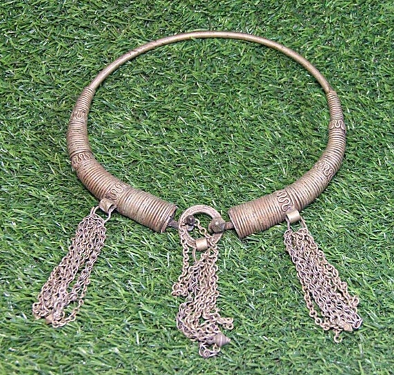Vintage Antique Brass Hansli Khantha Necklace Boho Tribal Jewelry from India, Rare Old Unique Ethnic Artistry for Elegant Fashion Statements