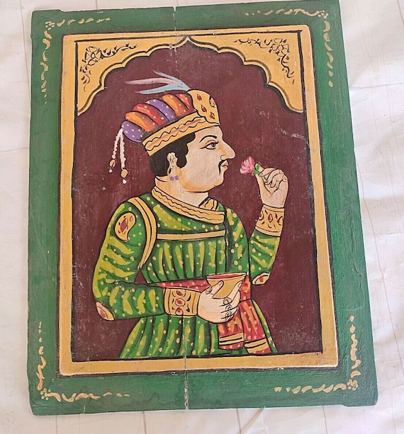 Rare Vintage Miniature Original Oil Painting on Wooden Panel - Handcrafted Indian Royalty Portrait Antique Art Unique Decorative Collectible