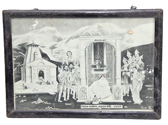 Vintage Shree Kedareshwar Religious Print Wooden Frame Antique Black White Lithograph Hindu God Wall Art Unique Home Decor Gift