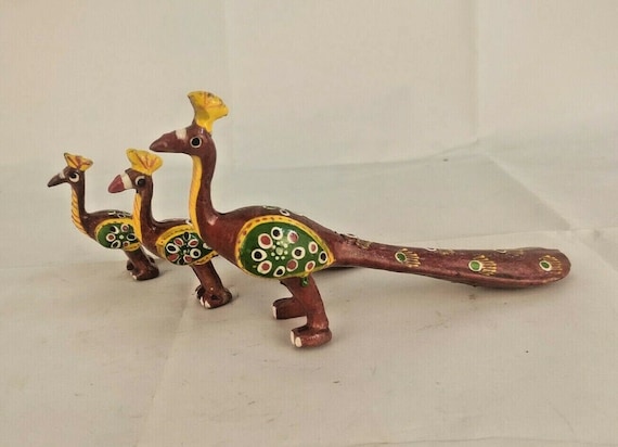 3 Pcs Enamel Painted Wooden Peacock Handcrafted Figurine Set for Unique Home Decor, Colorful Bird Sculpture for Garden or Living Room