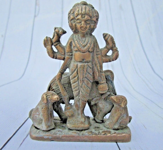 Antique Hand-Engraved Brass Statue of Duttatreya with Dogs – 19th Century Worshiped Idol | Rare Collectible India Home Decor Divine Figurine