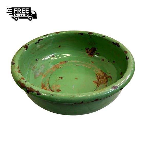 Large Porcelain Enamel Green Bowl Tub – Vintage Multi-Functional Basin, Rare Rustic Farmhouse Decor, Retro Industrial Kitchen Collectible