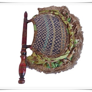 Rare Beautiful Fabric Hand Rotate Fan with Lacquer Painted Wooden Handle - Unique Indian Design, Collectible Vintage Piece, Handcrafted Art