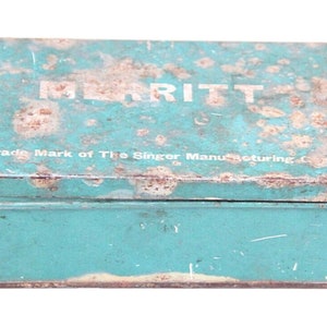 Vintage Merritt Sewing Machine Tin: Blue Litho Tool Storage