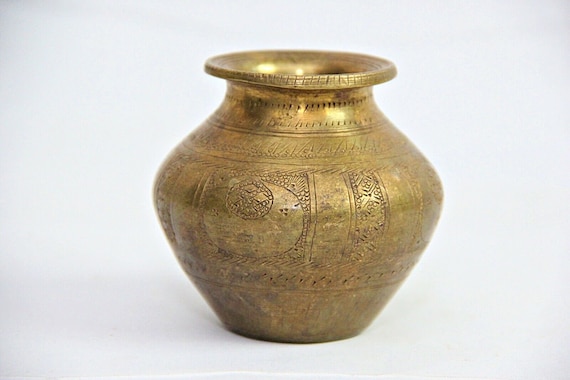 Vintage Small Engraved Brass Lota Holy Water Vessel from India - Antique Ethnic Design - Handmade Religious Decor Collectible L7